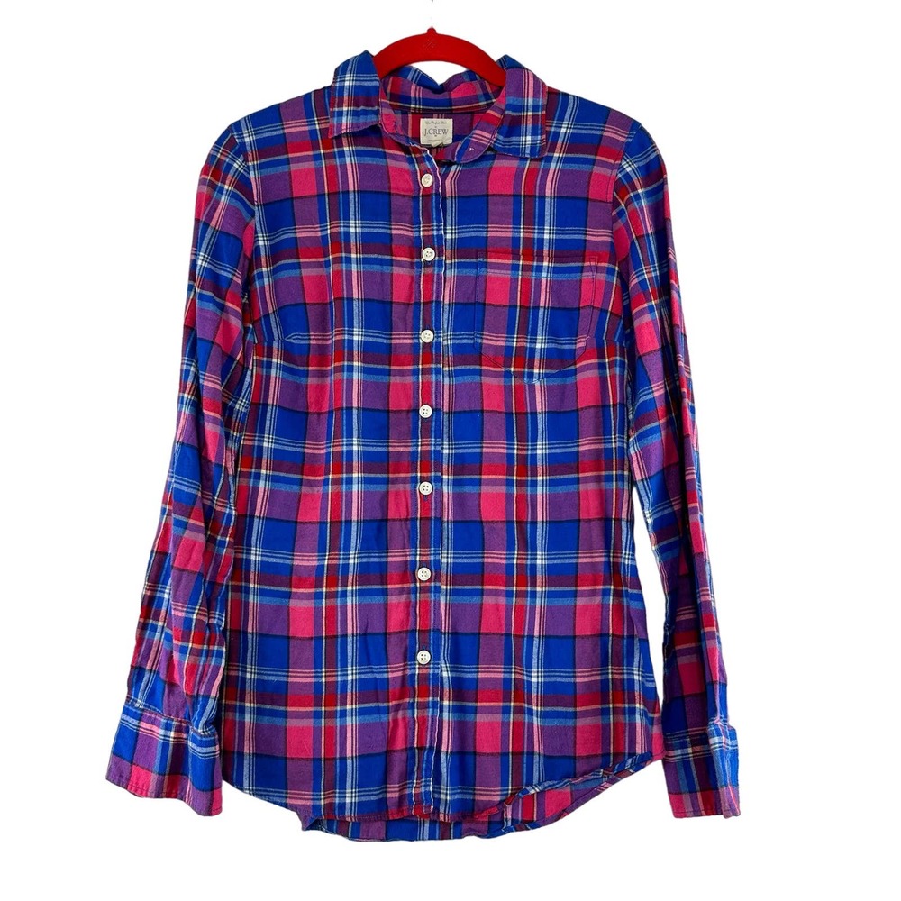 J Crew Perfect Shirt Flannel Womens Size XS Red Blue Plaid Button Up Long Sleeve